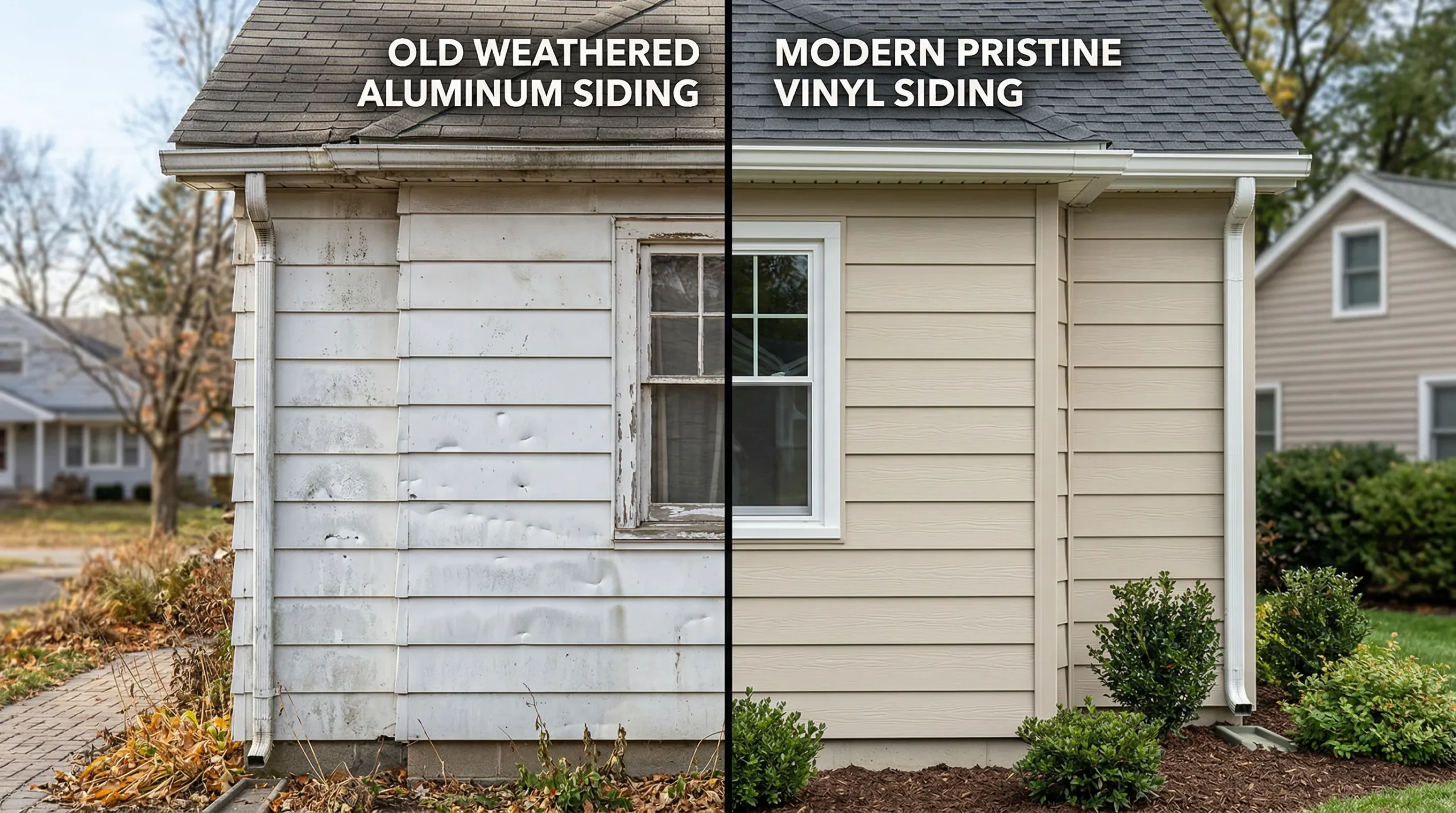 Aluminum siding vs vinyl siding comparison showing weathered aluminum and modern vinyl