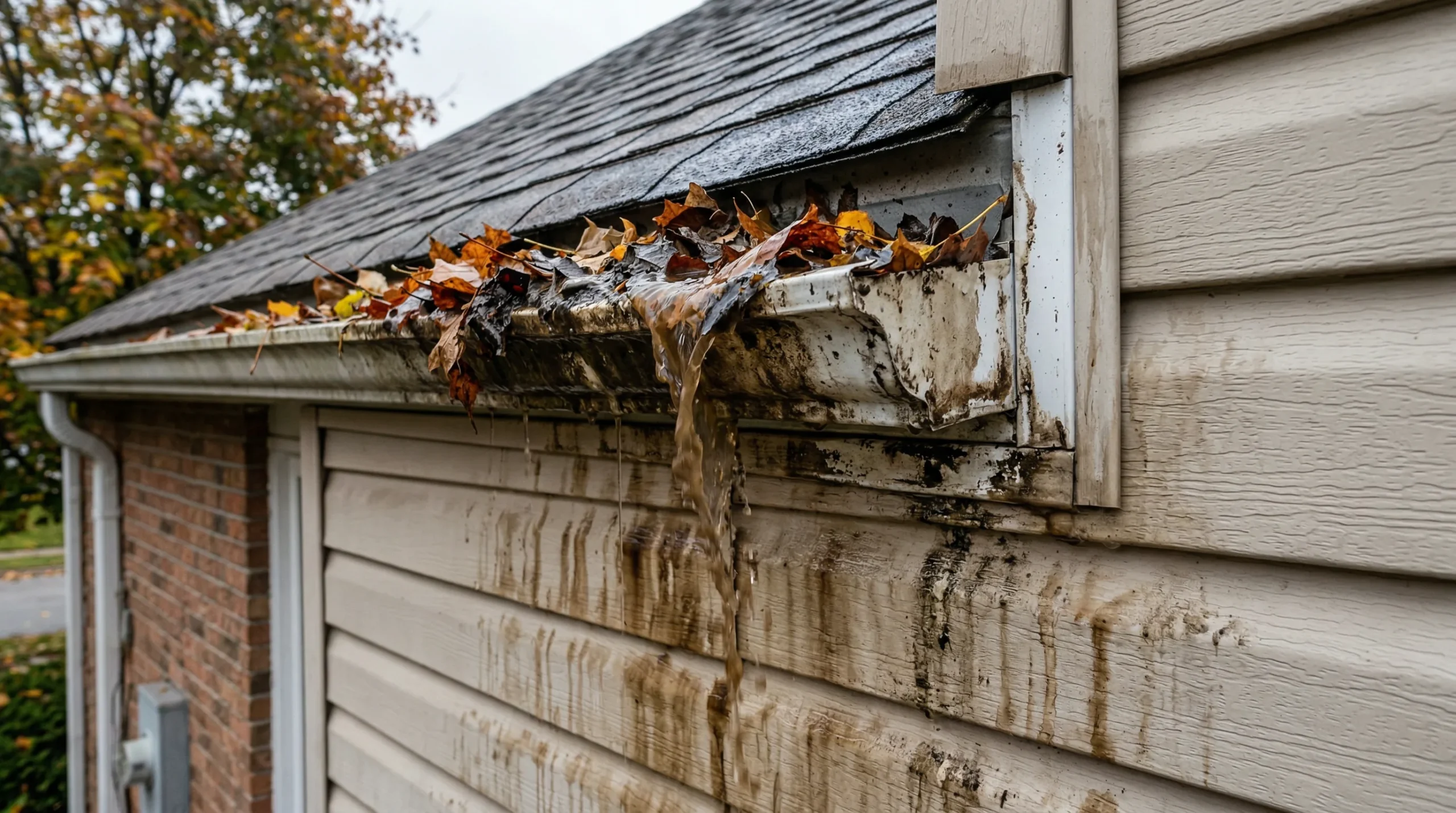 Water-stained siding below a clogged overflowing eavestrough showing damage