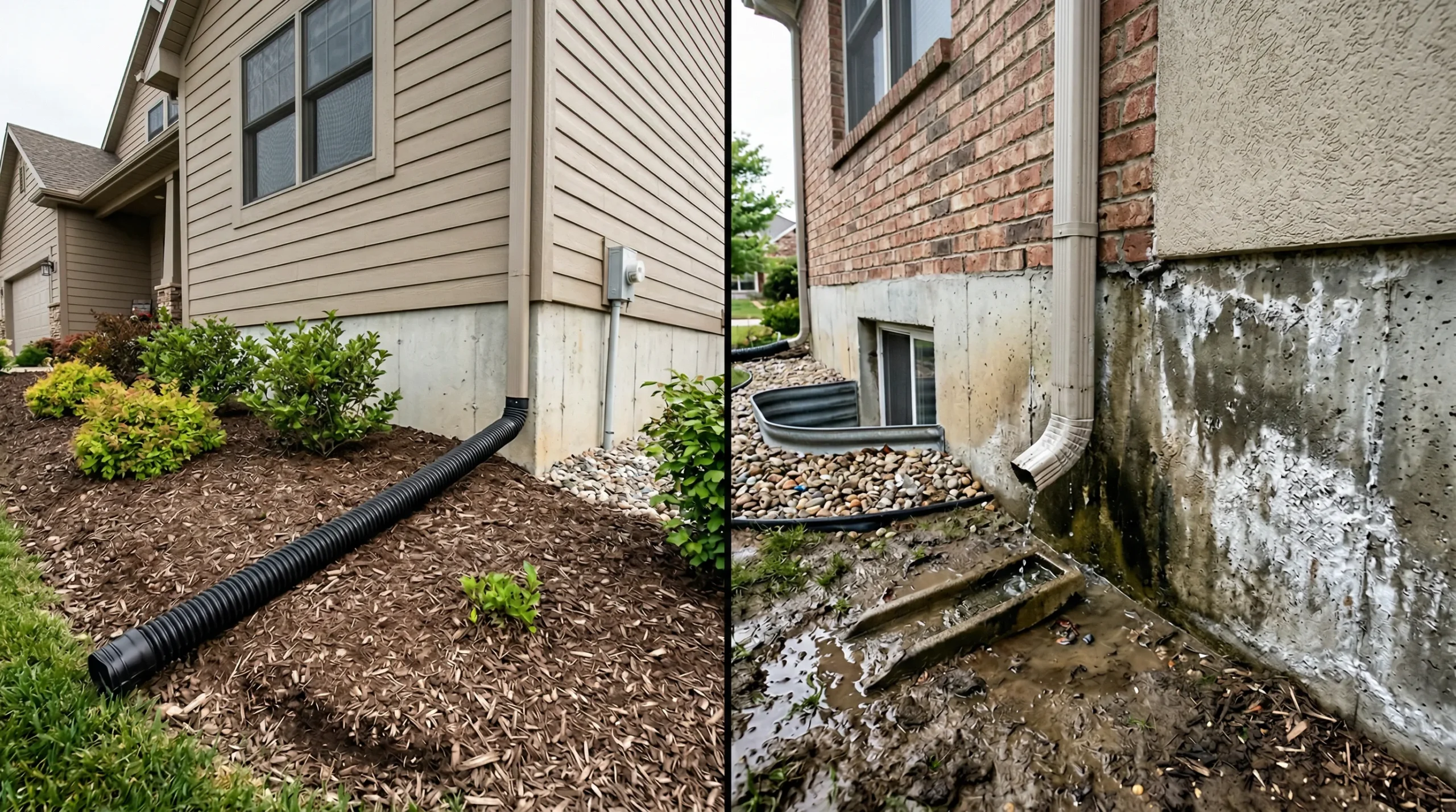 Comparison of proper downspout drainage versus foundation water damage from inadequate eavestroughs