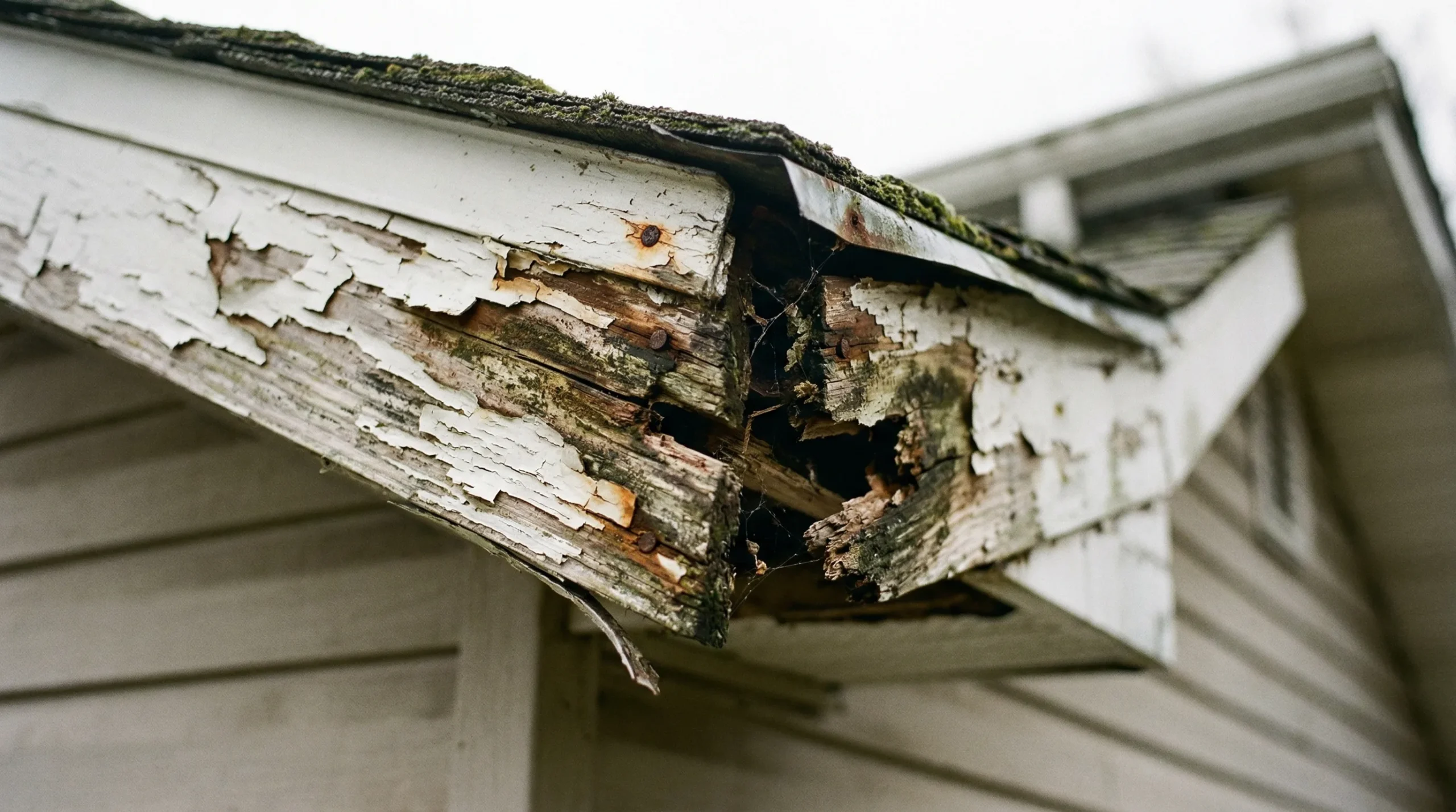 Deteriorating rotted wood fascia board showing peeling paint and water damage