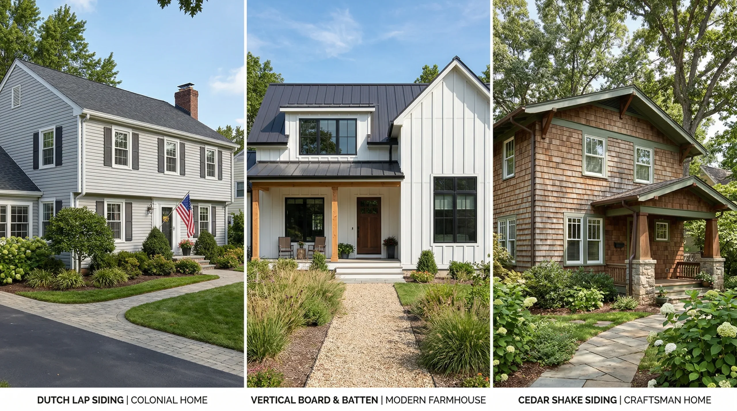 Three siding profile options showing Dutch Lap, board and batten, and cedar shake styles