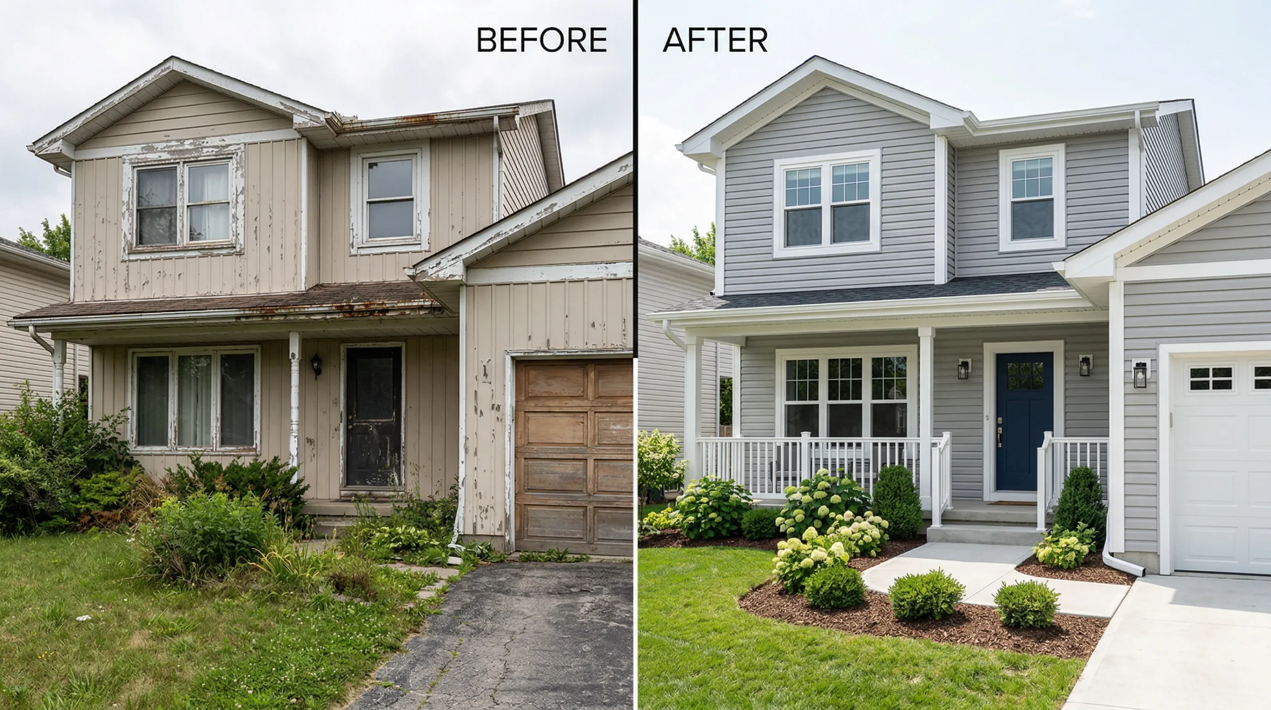 Before and after siding renovation transformation on a residential home